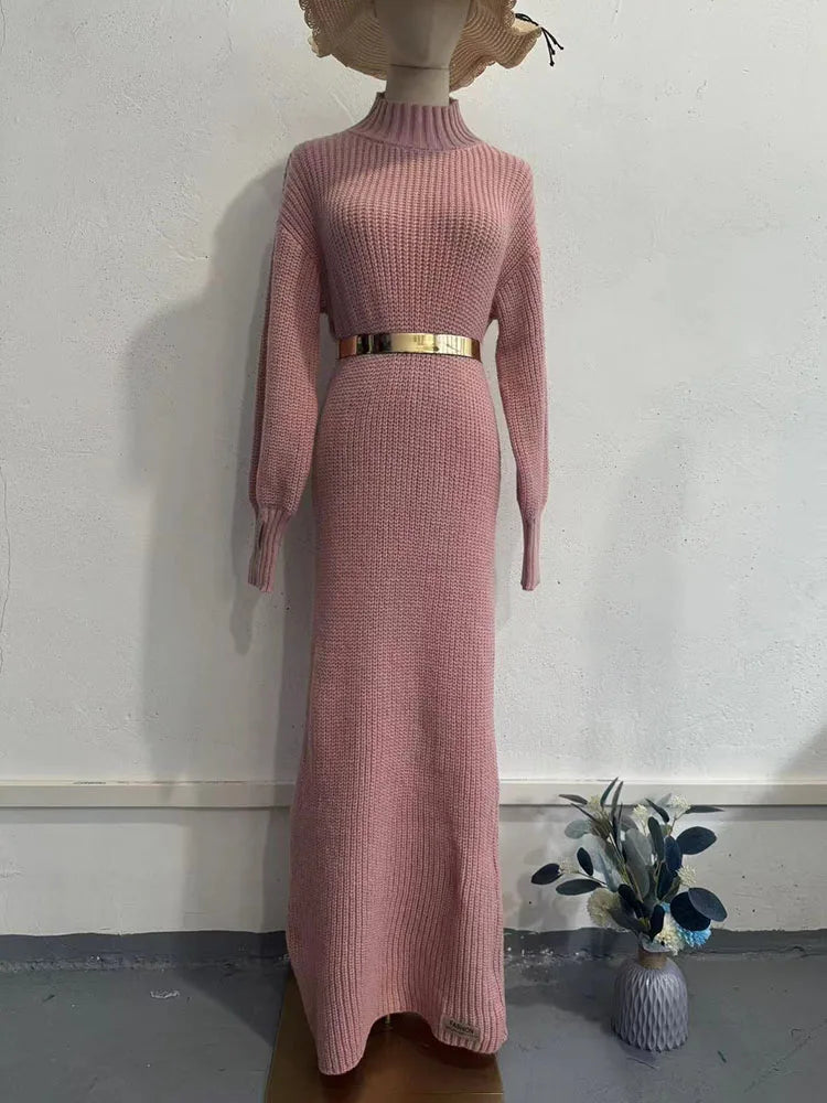 Knitted Long Dress With Belt Women's Turtleneck Pullover Solid Sweater Dresses Fashion Long Sleeve Holiday Party ClothesChristmas Gifts