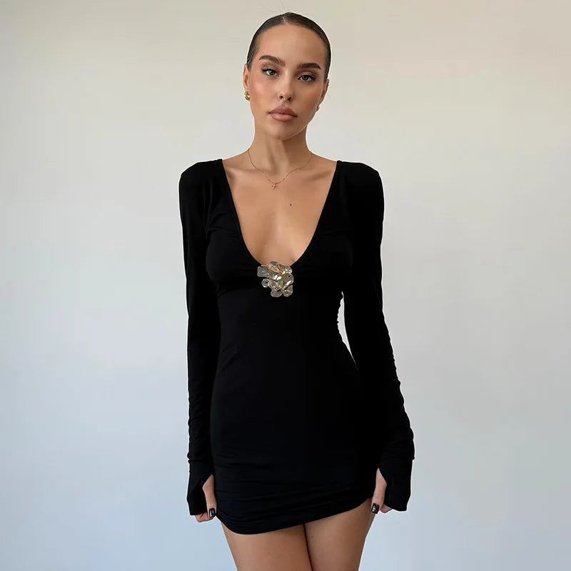 Plunge Slim Metallic Sexy Dress For Women Long Sleeve Mini Dress High Waist Elegant Solid Autumn Fashion Club Party DressChristmas Gifts