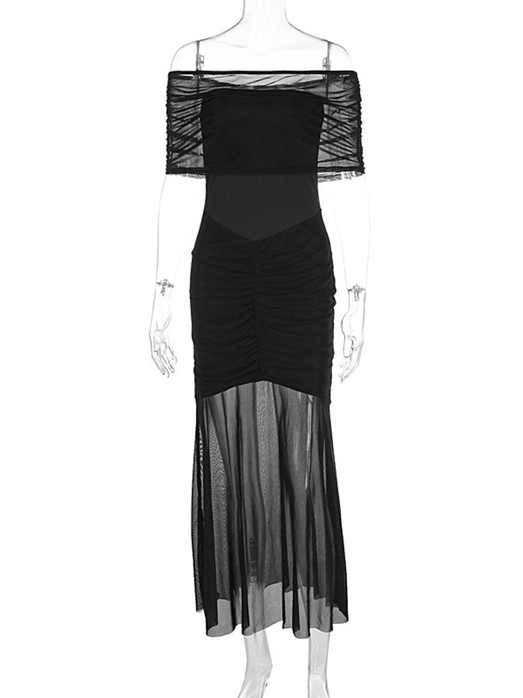 Strapless Pleated Mesh Splice Maxi Dress Two-Piece Backless Elegant See Through Sexy Party Dresses Slim One Step DressChristmas Gifts