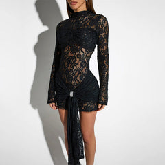 Sexy Bodycon Lace Women Dress 2025 New Long Sleeve See Through Hot Girl Ruched Mini Dress Black High Street Party Clothes