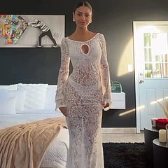 White Sexy Lace Hollow Long Sleeve Dress For Women See Through Maxi Dress Hot Girl Fashion Bodycon Backless Outfits LadyChristmas Gifts