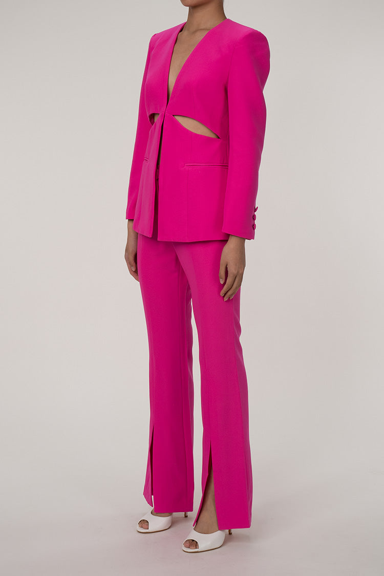 Edge Collarless Cutout Cinch Waist Blazer Two Piece Split Flare Pant Suit