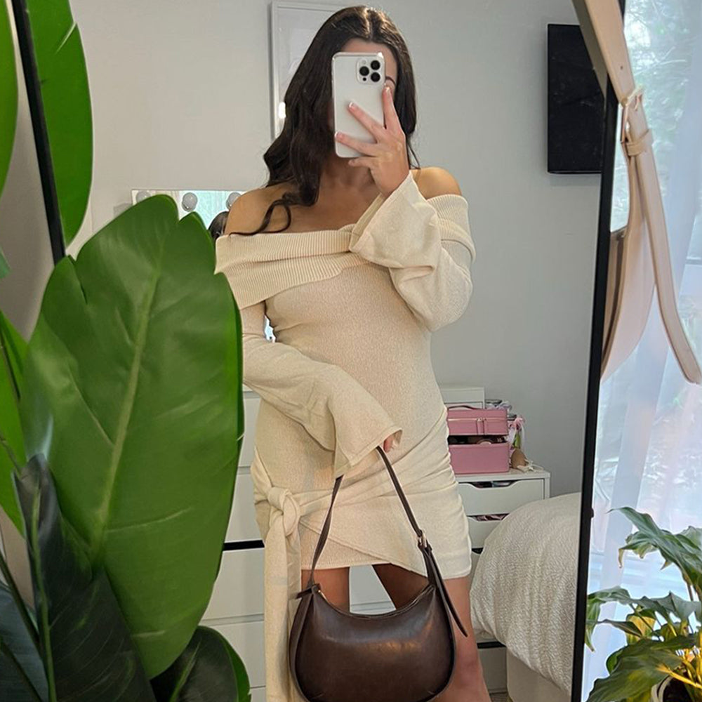 Knitted Bandage Backless Mini Dress Women's Solid Long Sleeve Off Shoulder Sweater Dress Knitted Twist Party Mini Dress