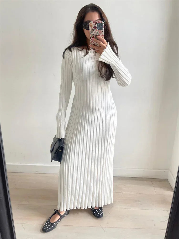 Fall Winter New Knitted Long Dress Female Casual Slinky High Waist Rib Sweater Bodycon Dresses Lady Holiday Party OutfitsChristmas Gifts