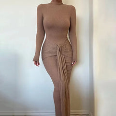 Elegant Ruched Bodycon Long Dress For Women Long Sleeve Gown Fashion Drape Turtleneck Female Club Party Maxi Dress NewChristmas Gifts