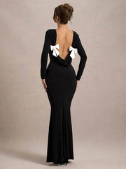 Elegant Backless Bows Maxi Dress Female Chic Bodycon Long Sleeve Club Party Outfits Fashion Black Dresses Vestido Ladies