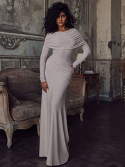 Elegant Ruched Bodycon Maxi Dress Female Soild High Street Party Evening Dresses Long Sleeve Irrgular Splice Lady ClothesChristmas Gifts