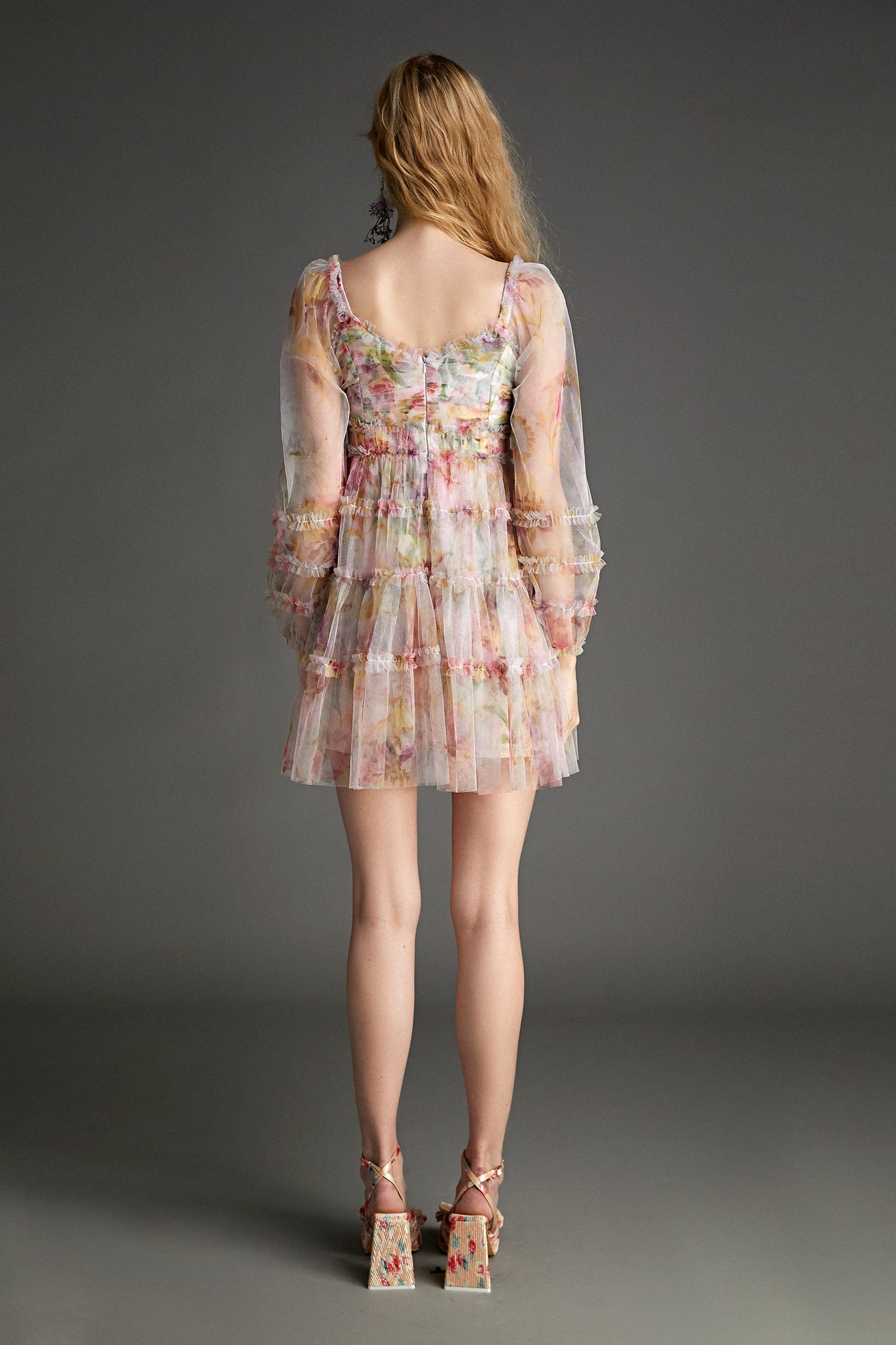- Pink Floral Print Ruched Ruffled Mesh Mini Dress