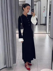 Flare Sleeve Splice Knitted Long Dress For Women Casual High Waist Button Lapel Sweater Dress Elegant Autumn Party DressChristmas Gifts