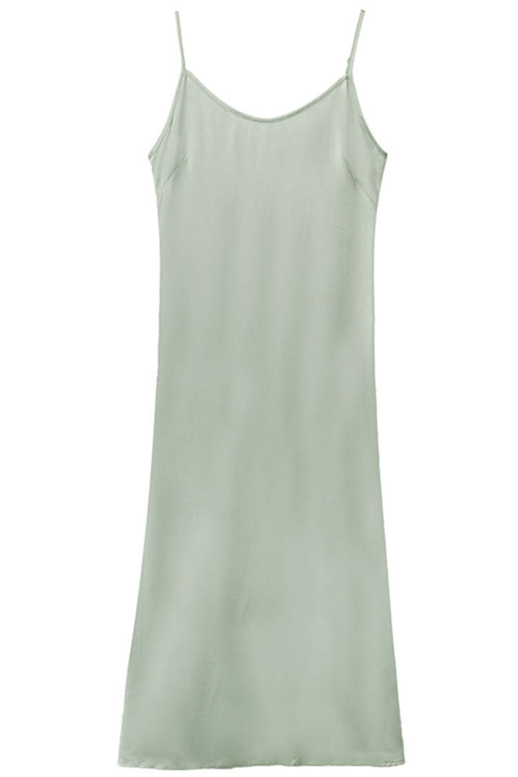 French Chic V Neck Spaghetti Strap Satin Slip Midi Dress - Light Green