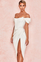 High Split Ruched Off Shoulder Satin Midi Corset Dress - White