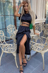 Iconic Wrapped Crop Top High Waist Split Two Piece Midi Dress - Black