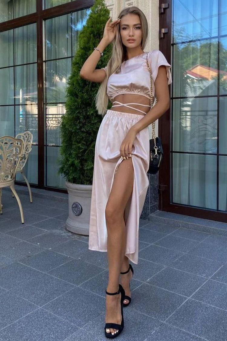 Iconic Wrapped Crop Top High Waist Split Two Piece Midi Dress - Pink