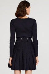 Long Sleeve Ribbed Sweater Winter Skater Mini Dress - Navy Blue