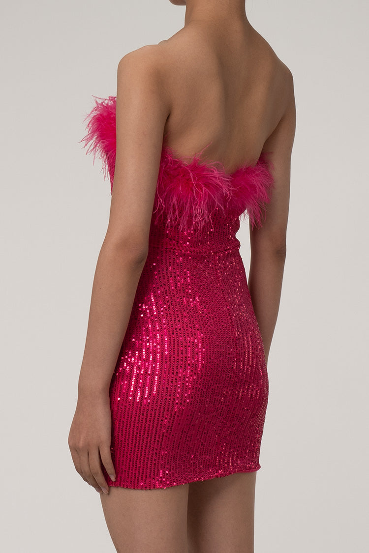 Luxurious Faux Feather Trim Strapless Bodycon Sequin Party Mini Dress