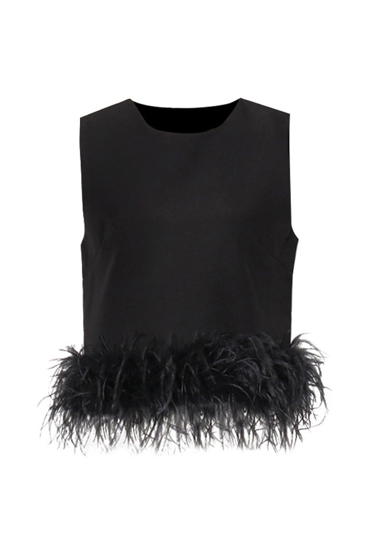 Luxury Crew Neck Imitated Feather Trim Summer Crepe Crop Tank Top