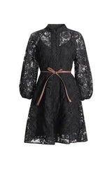 Luxury Mock Neck Blouson Sleeve Belted Paisley Guipure Lace Skater Mini Dress