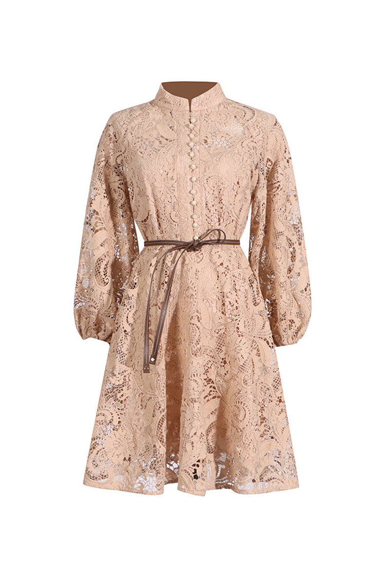 Luxury Mock Neck Blouson Sleeve Belted Paisley Guipure Lace Skater Mini Dress