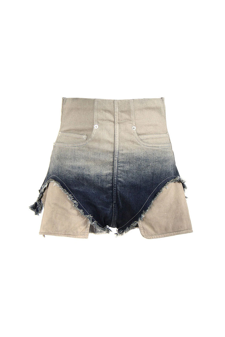 Ombre Corset High Waist Exposed Pocket Distressed Denim Mini Shorts