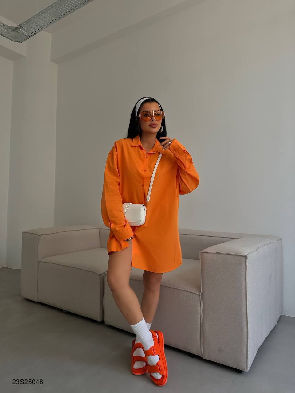 2024 New Fashion Dress Woman Style  Oversized Shirt as Dress BF23S25048 Orange