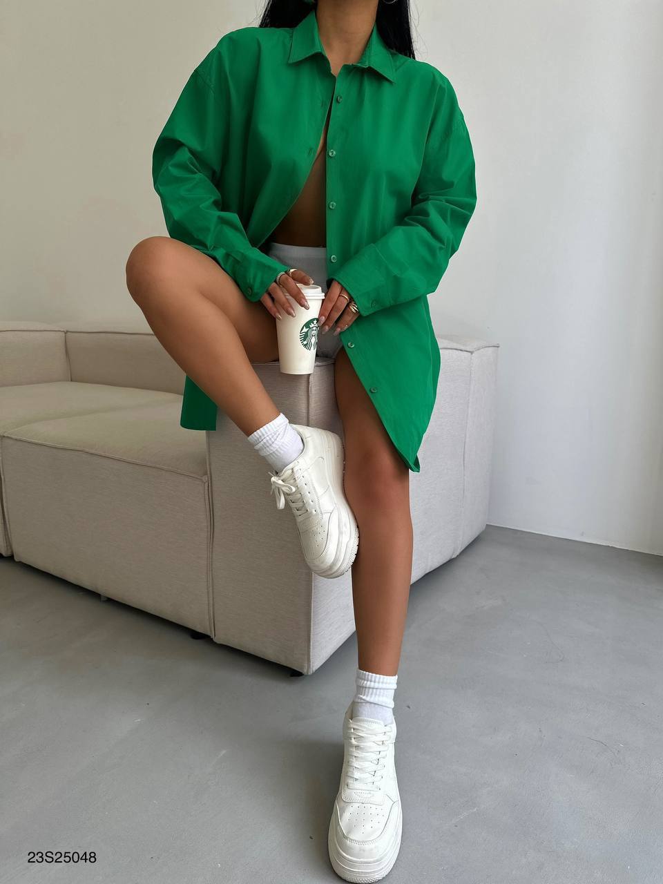 2024 New Fashion Dress Woman Style  Oversized Shirt as Dress BF23S25048 Green