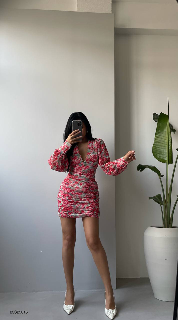 2024 New Fashion Dress Woman Style  Printed Deep V Neck Fitting Slim Chiffon Dress Red - Noxlook