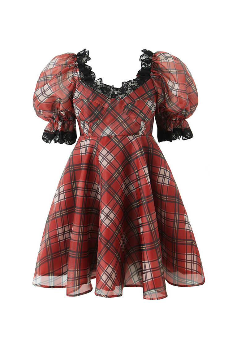 Retro Tartan Print Lace Bustier Puff Sleeve Organza Mini Babydoll Dress