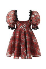 Retro Tartan Print Lace Bustier Puff Sleeve Organza Mini Babydoll Dress