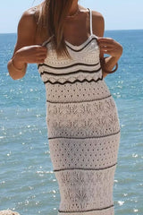 Sexy V Neck Cami Bicolor Striped Crochet Knit Midi Beach Vacation Dress - White