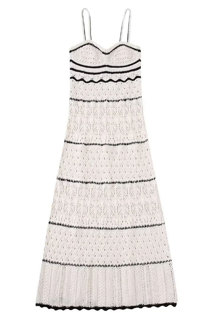 Sexy V Neck Cami Bicolor Striped Crochet Knit Midi Beach Vacation Dress - White