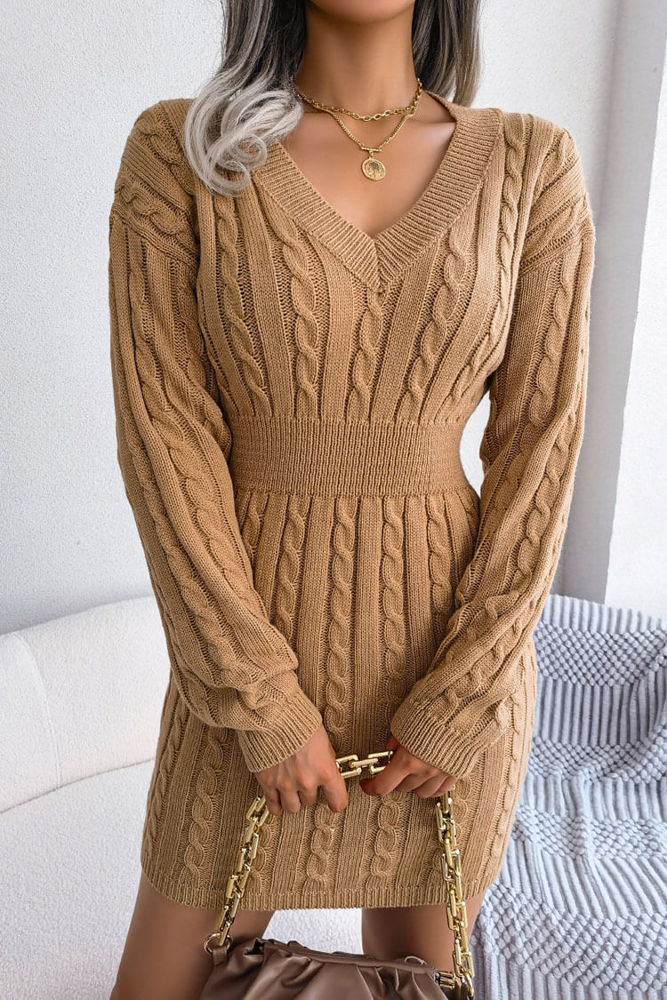 Sexy V Neck Winter Fisherman Cable Knit Sweater Mini Dress - Khaki