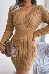 Sexy V Neck Winter Fisherman Cable Knit Sweater Mini Dress - Khaki