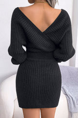 Sexy Winter Wrap V Neck Rib Knit Sweater Mini Dress - Black