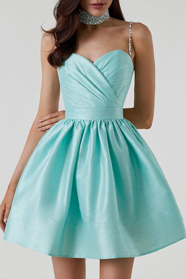 Silky Sweetheart Spaghetti Strap Pleated Satin Skater Mini Dress - Teal