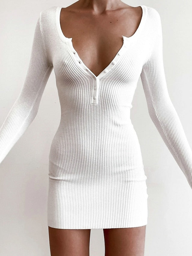 Women's Sheath Dress White Dress Mini Dress Black White Long Sleeve Pure Color Slim Fall Spring Autumn V Neck Fashion Winter Dress Daily Fall Dress