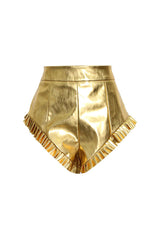 Spicy Metallic Effect High Waist Pleated Hem Flare Leg Leather Micro Shorts