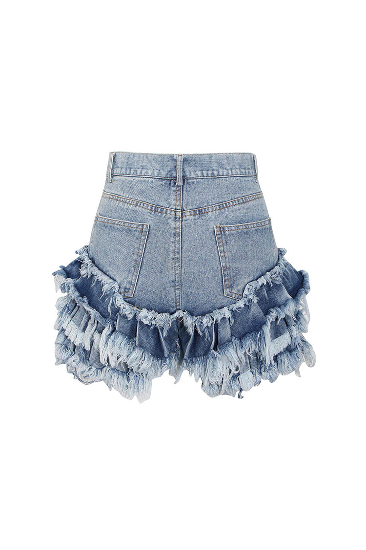 Stylish Layered Fray Pleated Ruffle High Waist Faded Denim Micro Shorts