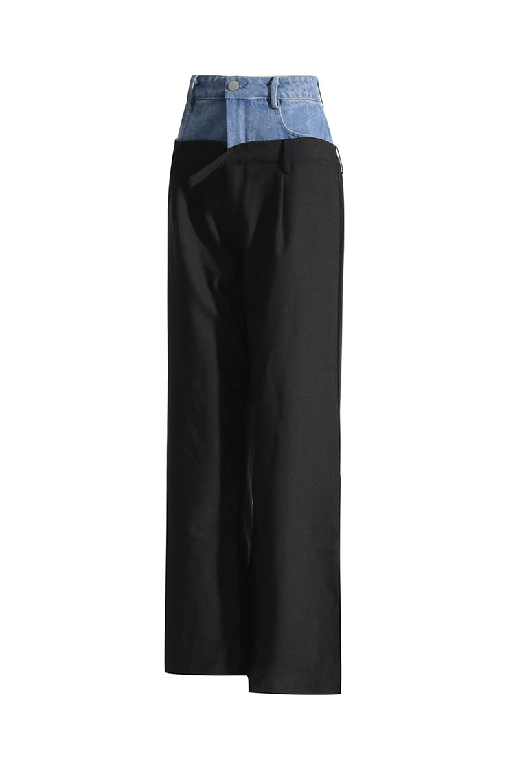 Unique Bicolor Double Waist High Rise Straight Leg Full Length Hybrid Pants