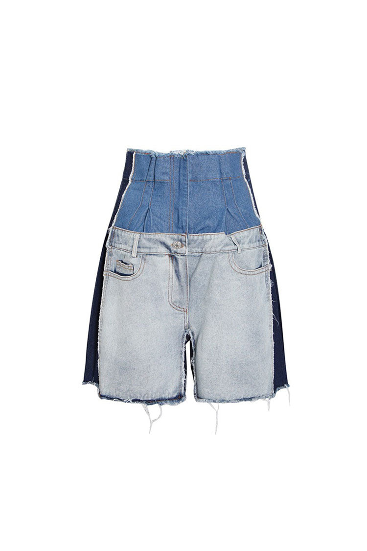 Unique Double Waist High Rise Wide Leg Raw Frayed Panel Denim Shorts