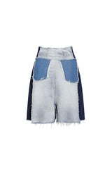 Unique Double Waist High Rise Wide Leg Raw Frayed Panel Denim Shorts