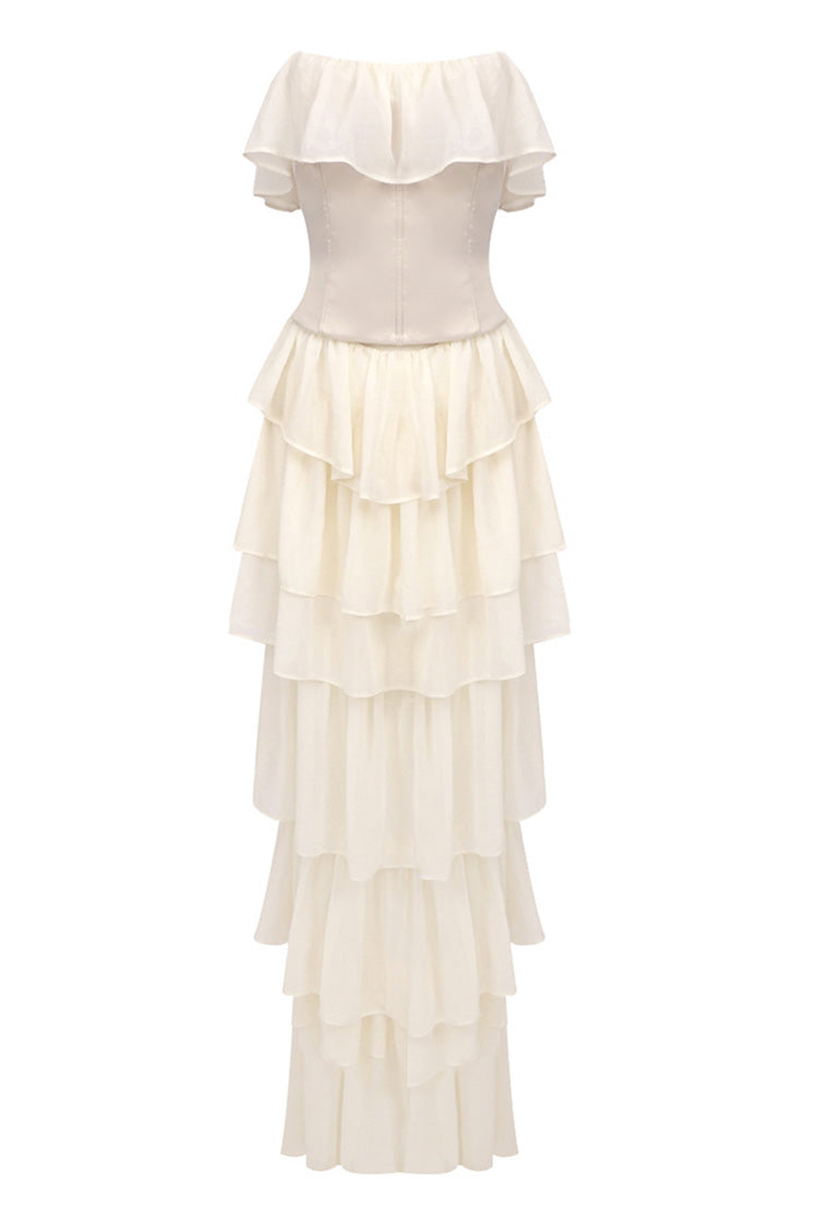 Vintage Bandeau Mesh Lace Up Layer Bustier Chiffon Ruffle Evening Maxi Dress