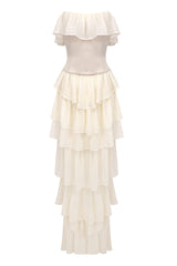 Vintage Bandeau Mesh Lace Up Layer Bustier Chiffon Ruffle Evening Maxi Dress