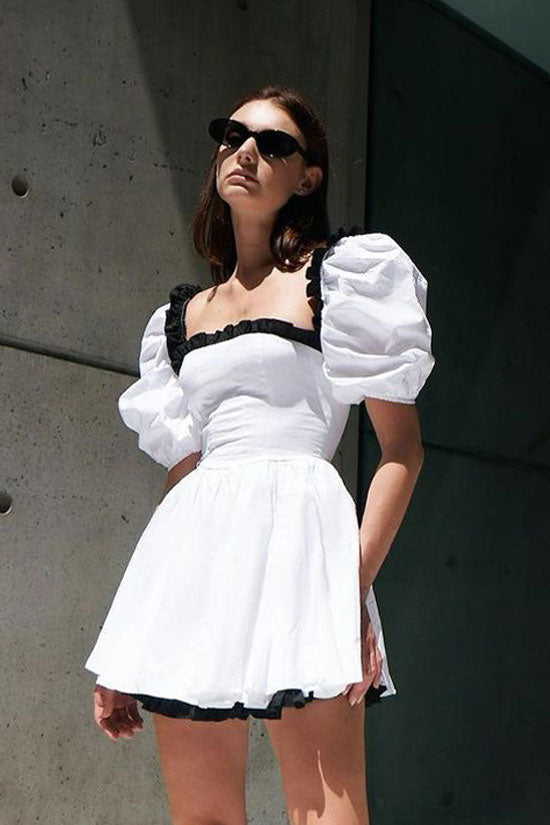 Vintage Bicolor Ruffled Square Neck Puff Sleeve Fit & Flare Summer Mini Dress - White