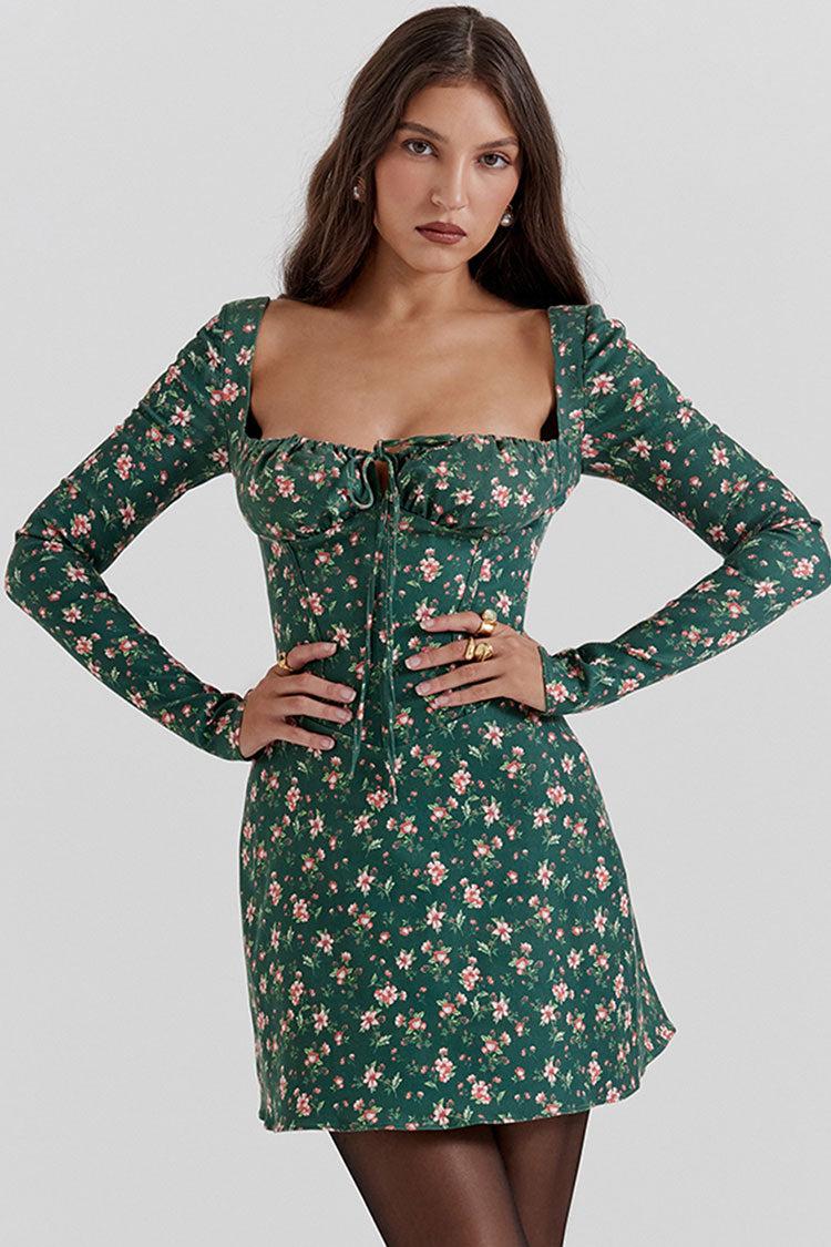 Vintage Bow Tie Sweetheart Long Sleeve Floral Corset Party Mini Dress - Emerald Green