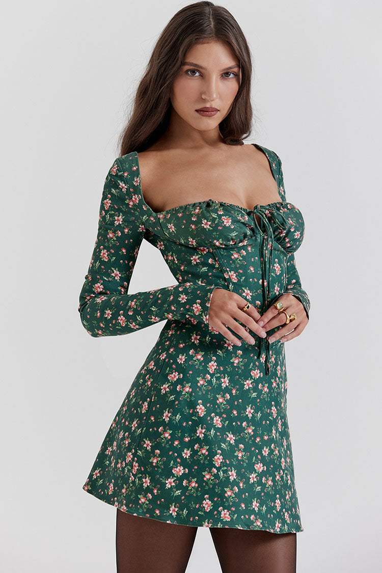 Vintage Bow Tie Sweetheart Long Sleeve Floral Corset Party Mini Dress - Emerald Green