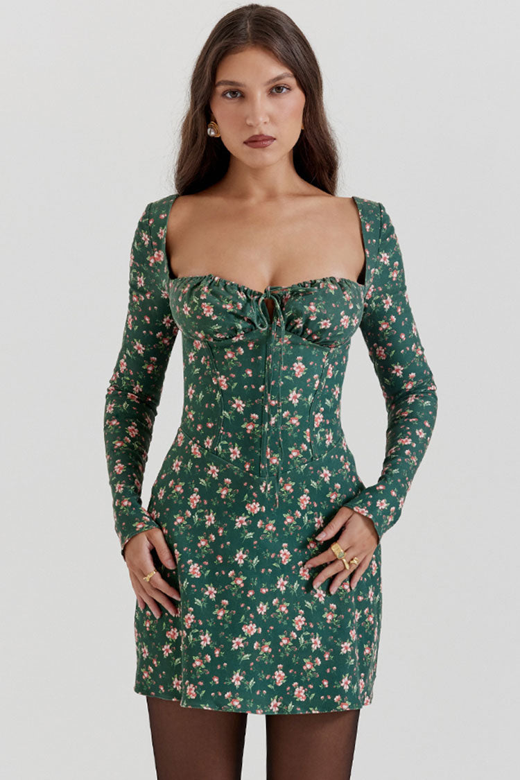 Vintage Bow Tie Sweetheart Long Sleeve Floral Corset Party Mini Dress - Emerald Green