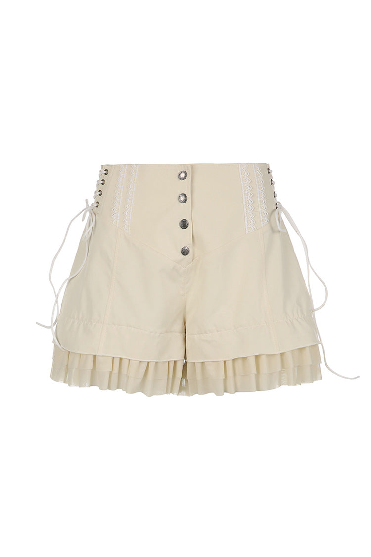 Vintage Buttoned High Rise Lace Up Tulle Ruffle Wide Leg Steampunk Shorts