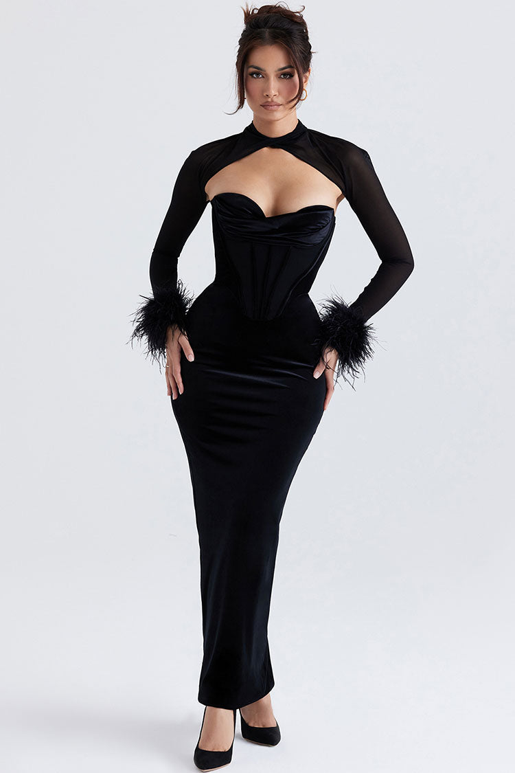 Vintage Feather Sleeve Strapless Corset Velvet Formal Maxi Dress - Black