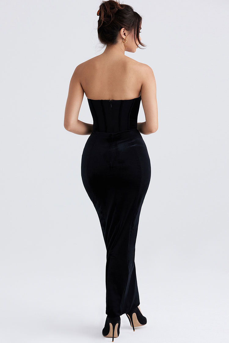Vintage Feather Sleeve Strapless Corset Velvet Formal Maxi Dress - Black