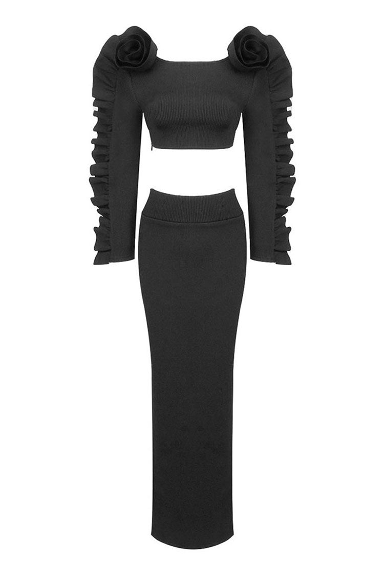 Vintage Flower Ruffle Long Sleeve High Waist Bandage Knit Two Piece Maxi Dress